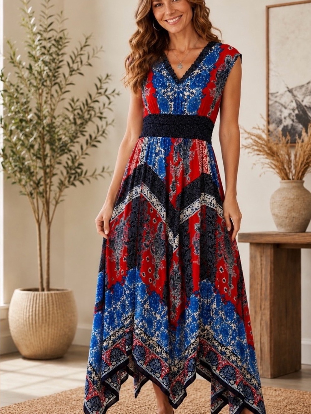 BILA Boho Maxi Dress Bandana Patchwork Print Smocked Waist Size XXL NWT